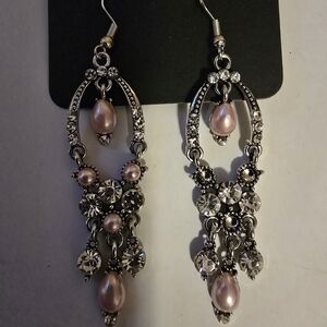 Elegant Pink Pearl & Crystal Dangle Earrings - Unbranded